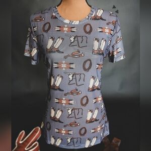 NWT Grey Western Print Mesh Women's Top With Underneath Tank Top